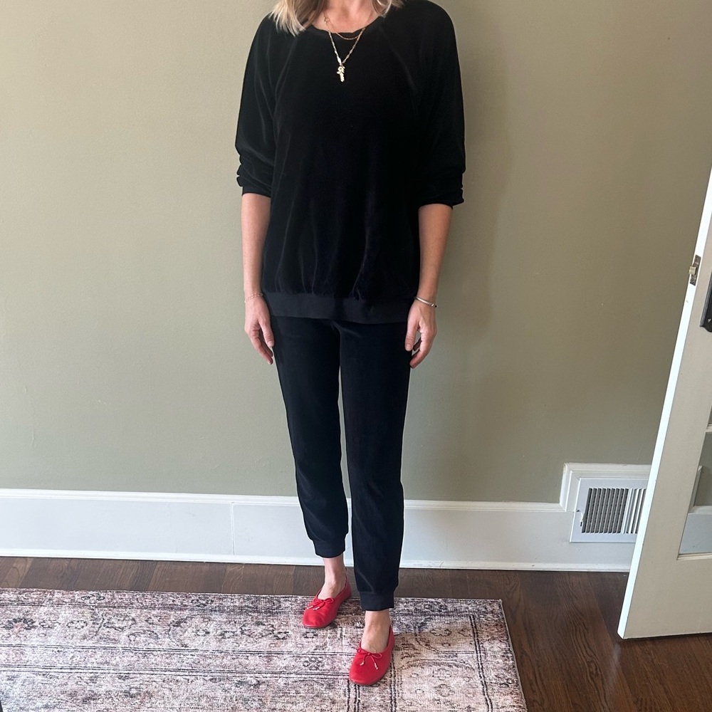 Suzie Kondi black velour set size small S. Samos sweatshirt and slim track pants